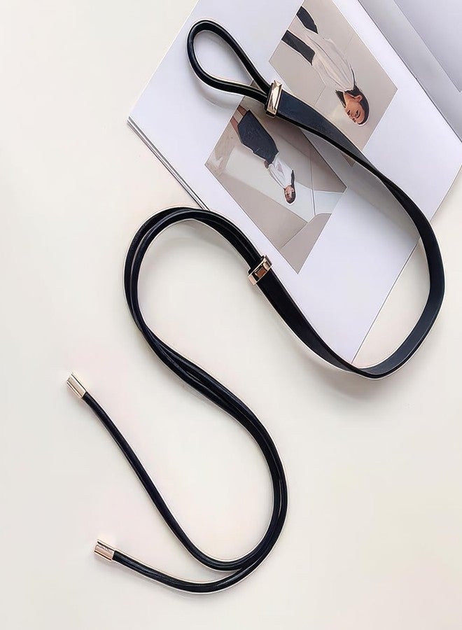 CALFOVERA PU Leather Skinnny Belt Black Knotted Thin Waist Belt Boho Elegant Adjustable Slim Leather Waist Band Strap Rope Waistbands with Gold Alloy Ends for Women Ladies Dresses Jeans Pants - Image 4